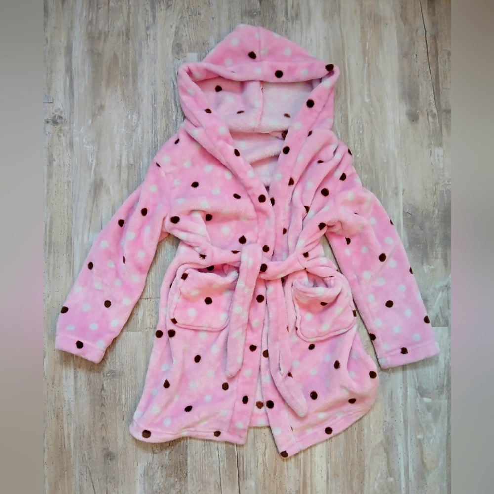 Hooded Housecoat Bathrobe Girls size 8-10 Pink, white & brown polka dot kids